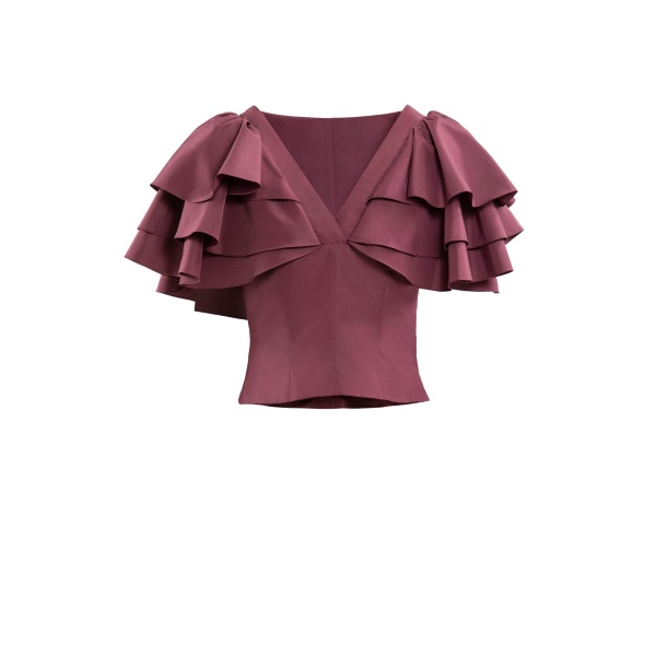 Saiid Kobeisy Ruffled Taffeta Top with Wide Pants in Burgundy