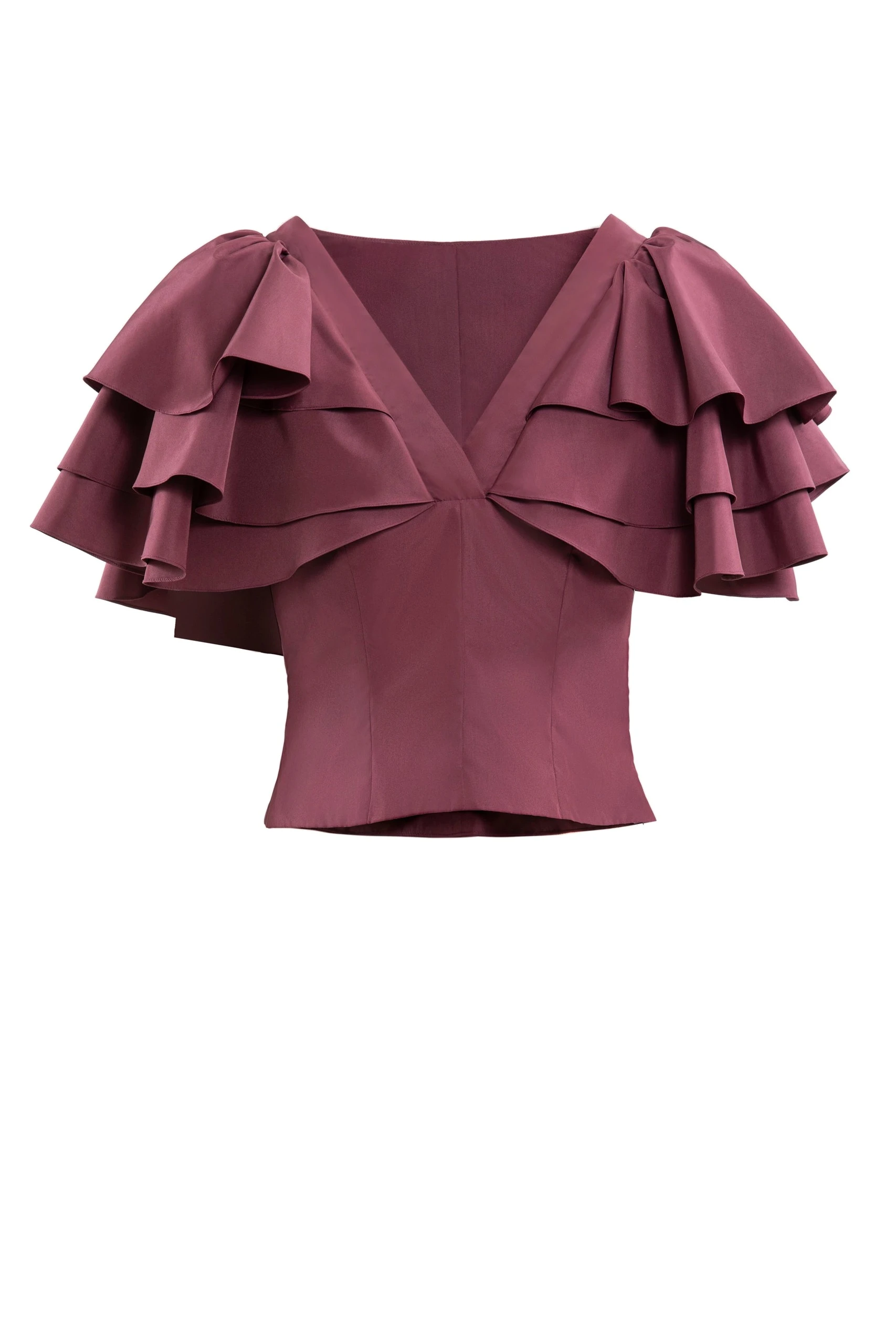 Saiid Kobeisy Ruffled Taffeta Top with Wide Pants in Burgundy | Tops | Luxury Shoes Saiid Kobeisy Ruffled Taffeta Top with Wide Pants in Burgundy