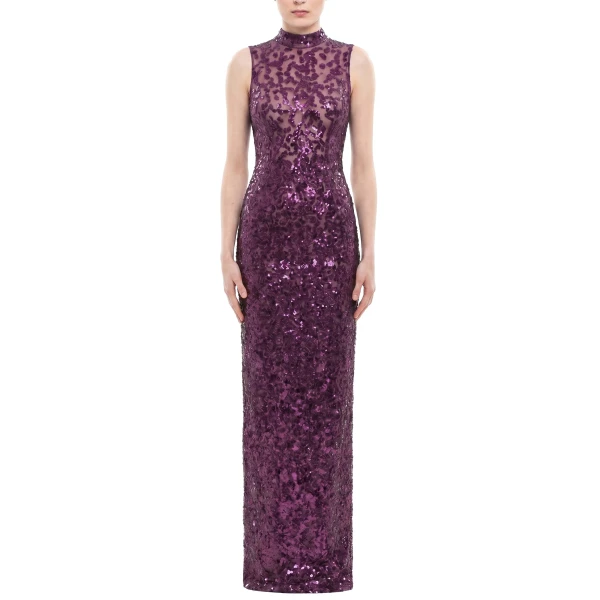 Saiid Kobeisy Sequin Embroidered Long Dress in Italian Plum, view 2