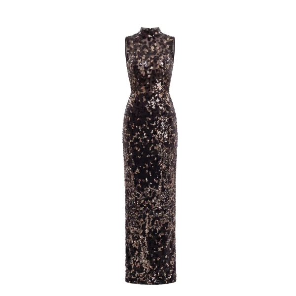 Sequin Embroidered Long Dress in Jet Black