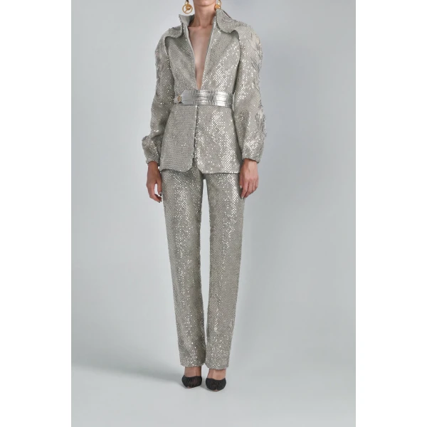 Saiid Kobeisy Sequin Straight Fit Pants in Silver, view 2