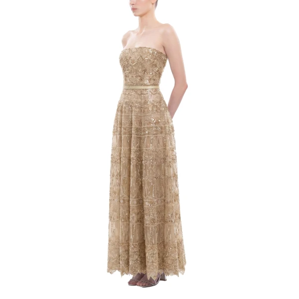 Saiid Kobeisy Strapless Beaded Tulle Dress in Light Gold, view 3