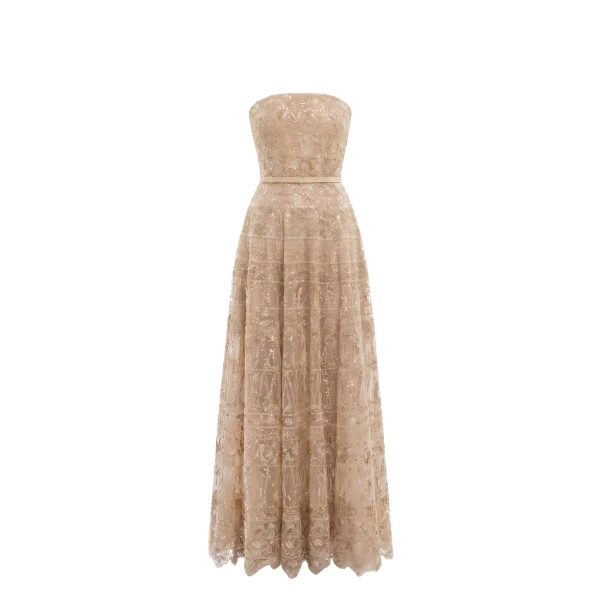 Strapless Beaded Tulle Dress in Light Gold
