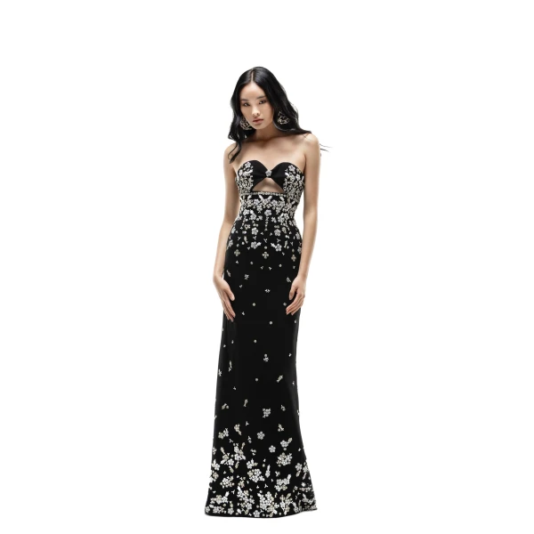 Saiid Kobeisy Strapless Crepe Embroidered Dress in Jet Black, view 2