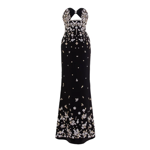 Strapless Crepe Embroidered Dress in Jet Black