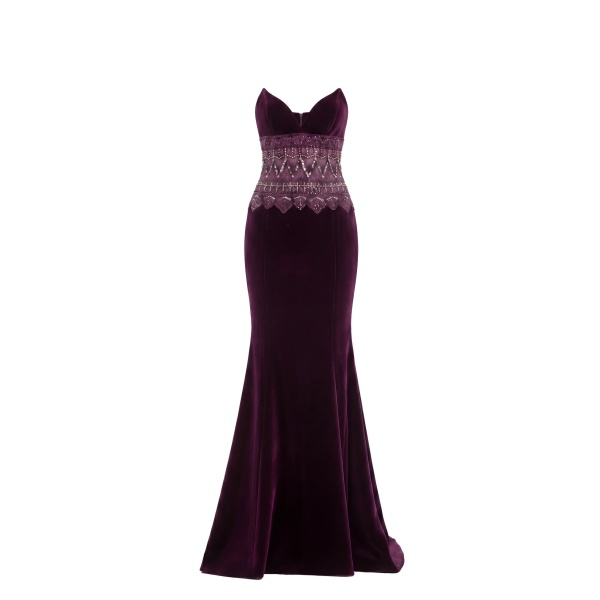 Saiid Kobeisy Strapless Dress with Embroidered Detailing in Italian Plum