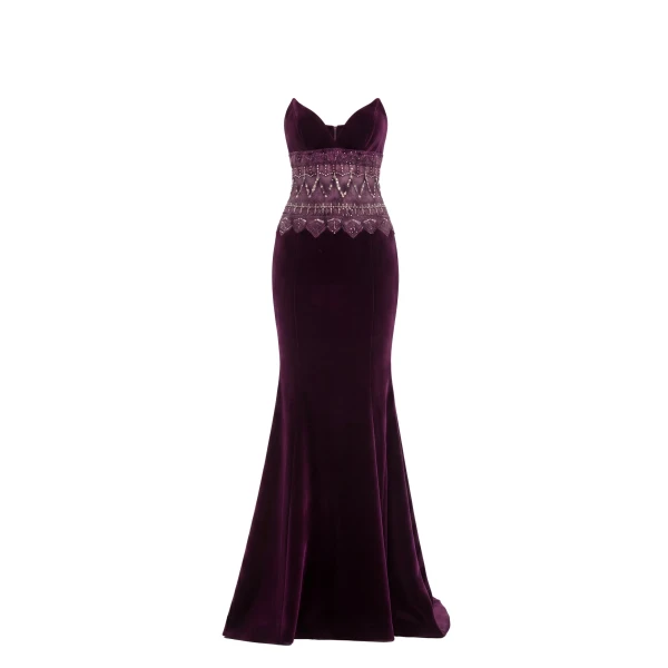 Strapless Dress with Embroidered Detailing in Italian Plum