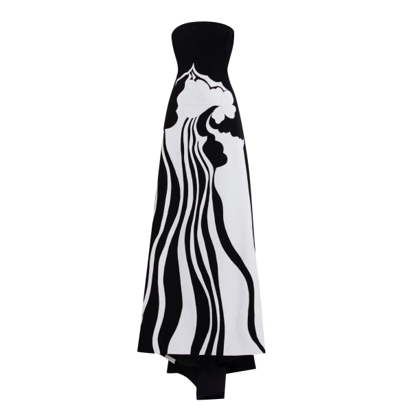 Strapless Embroidered Crepe Dress in Jet Black and Off White