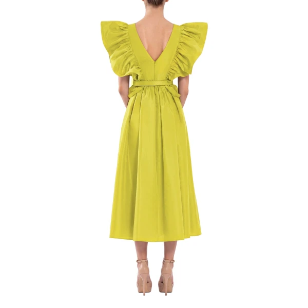 Saiid Kobeisy Taffeta Dress with Gathered Sleeves in Lime Green, view 3