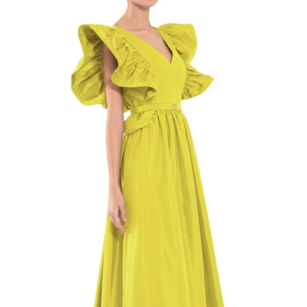 Saiid Kobeisy Taffeta Dress with Gathered Sleeves in Lime Green, view 4