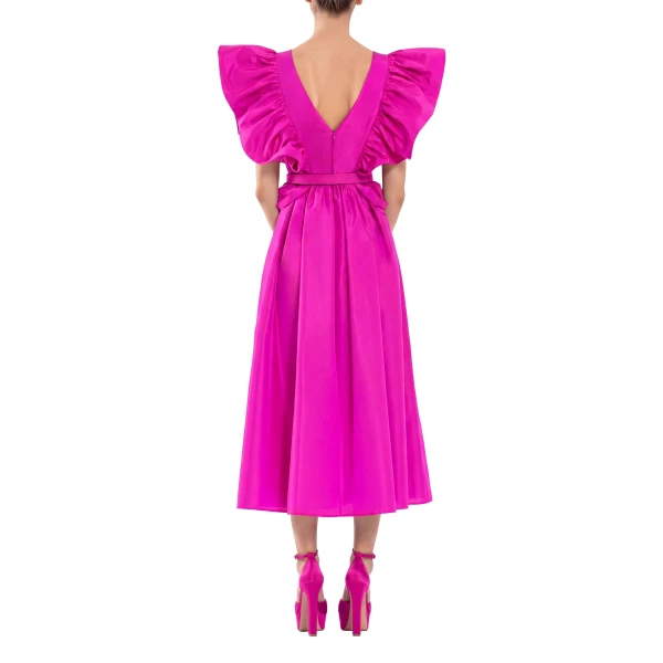 Saiid Kobeisy Taffeta Dress with Gathered Sleeves in Magenta, view 3