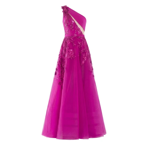 Saiid Kobeisy Tulle Beaded Dress with Floral Beading in Magenta with Magenta beading