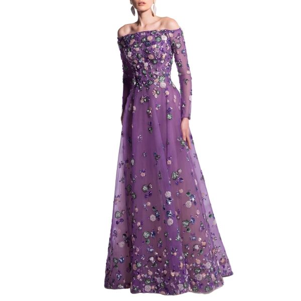 Saiid Kobeisy Tulle Beaded Dress with Off-Shoulder Sleeves in Violet with Multicolour beading, view 2