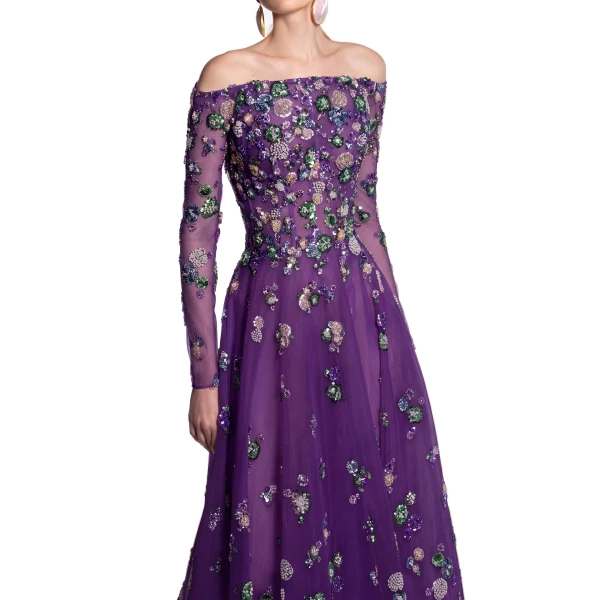Saiid Kobeisy Tulle Beaded Dress with Off-Shoulder Sleeves in Violet with Multicolour beading, view 6