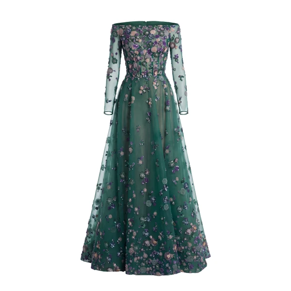 Saiid Kobeisy Tulle Beaded Dress with Off-Shoulder Sleeves in Violet with Multicolour beading