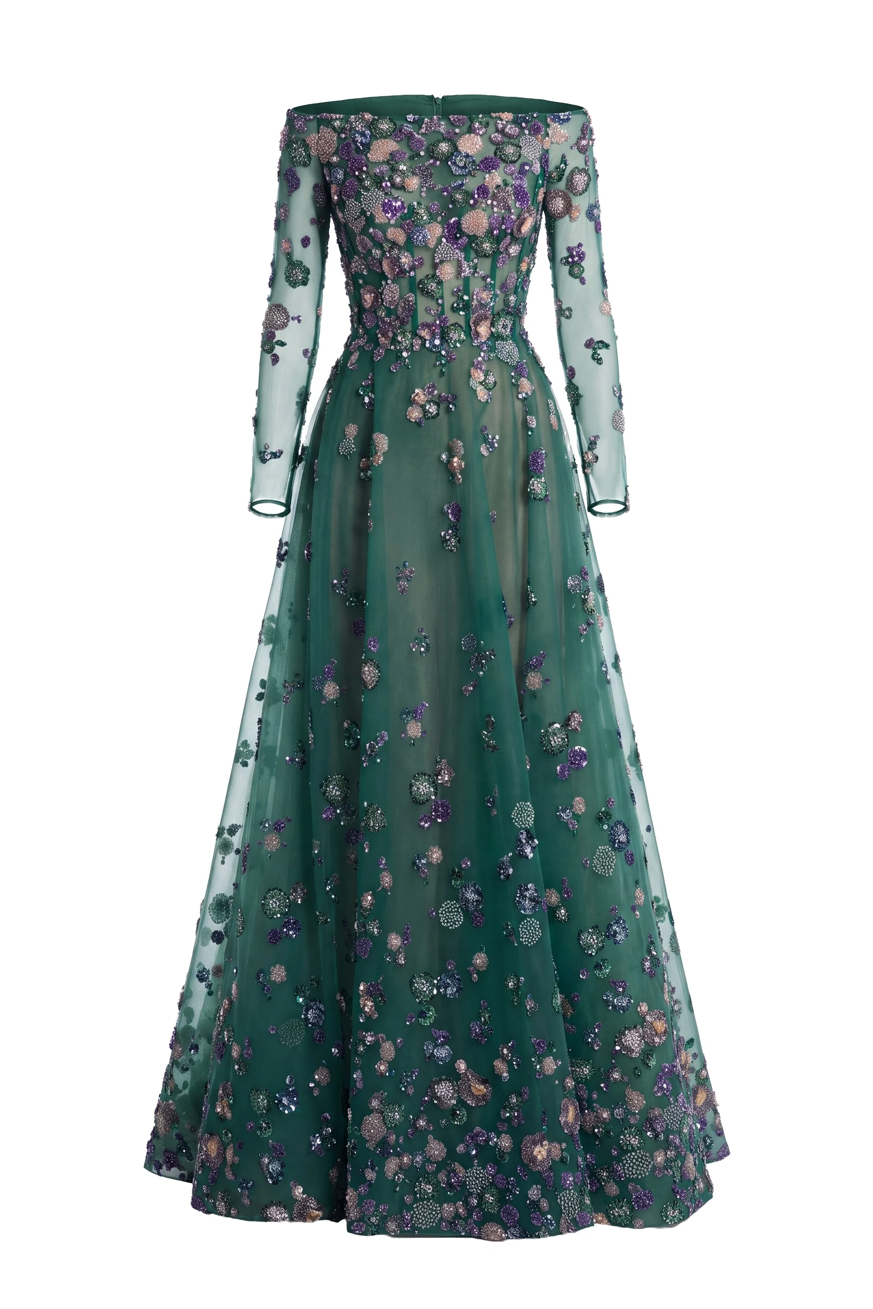 Saiid Kobeisy Tulle Beaded Dress with Off-Shoulder Sleeves in Violet with Multicolour beading | Dresses | Luxury Shoes Saiid Kobeisy Tulle Beaded Dress with Off-Shoulder Sleeves in Violet with Multicolour beading