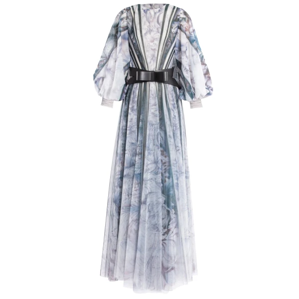 Saiid Kobeisy Tulle Printed Dress with Bell Sleeves in Blue Grey Print, view 2