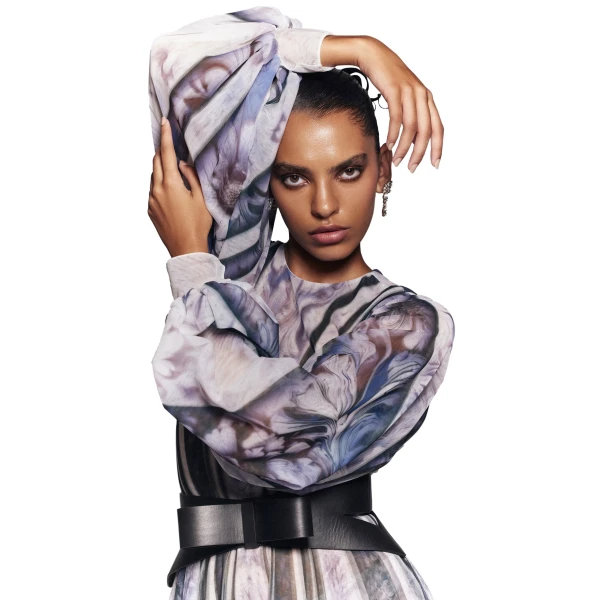 Saiid Kobeisy Tulle Printed Dress with Bell Sleeves in Blue Grey Print, view 6