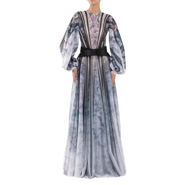 Tulle Printed Dress with Bell Sleeves in Blue Grey Print