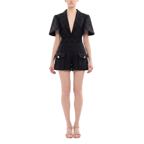 Saiid Kobeisy Tweed Short Jumpsuit in Jet Black, view 2