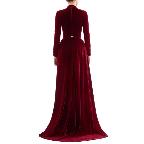 Saiid Kobeisy Velvet Long Dress in Burgundy, Style 31, view 3