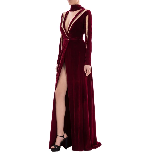 Saiid Kobeisy Velvet Long Dress in Burgundy, Style 36, view 4