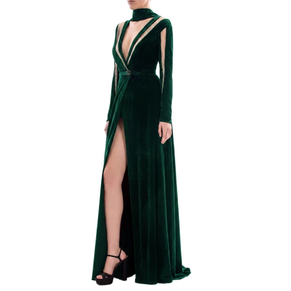 Saiid Kobeisy Velvet Long Dress in Green, Style 36, view 4