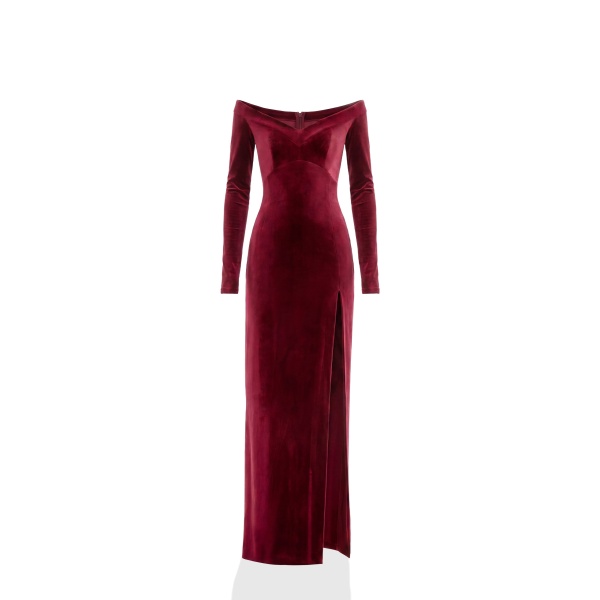 Saiid Kobeisy Velvet Long Fitted Dress in Burgundy