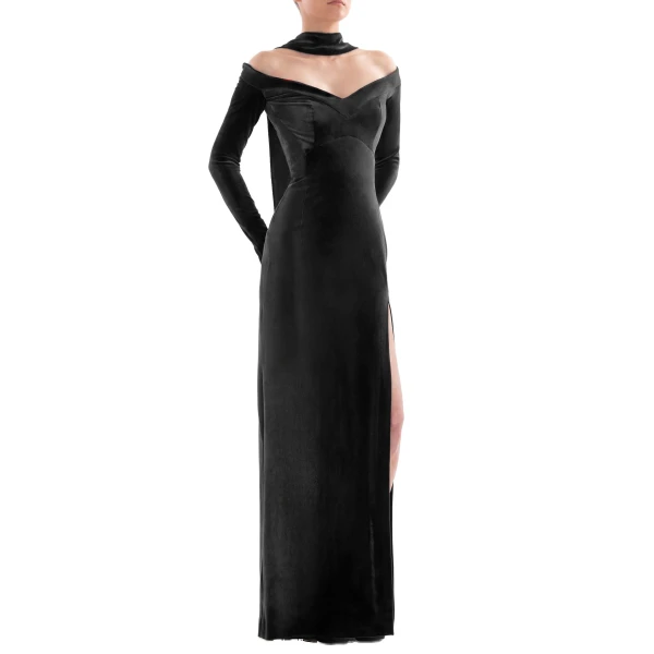 Saiid Kobeisy Velvet Long Fitted Dress in Jet Black, view 4