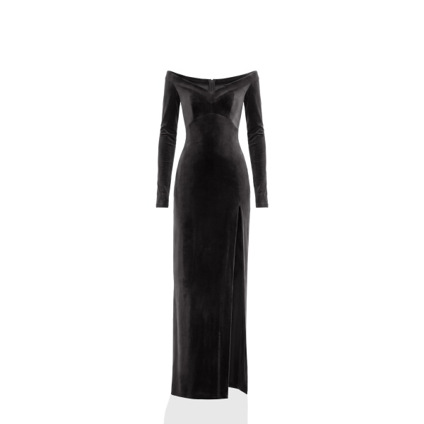 Saiid Kobeisy Velvet Long Fitted Dress in Jet Black