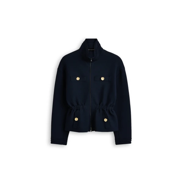 Crepe Knit Funnel Neck Jacket in Navy
