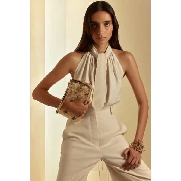 Italian Textured Tie Neck Top