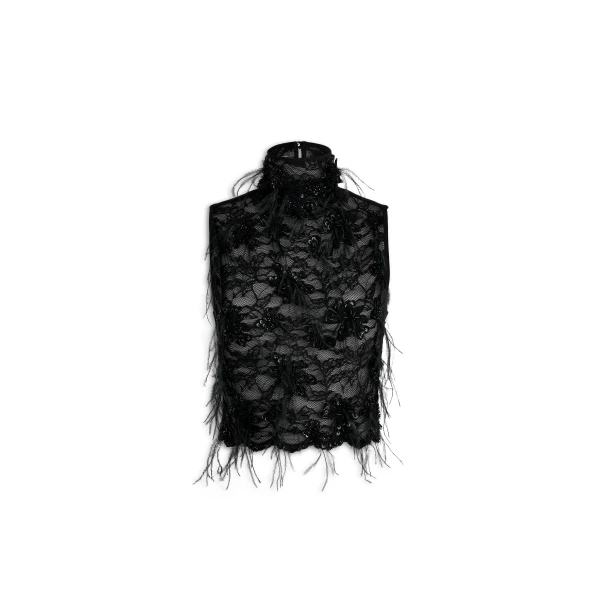 Lace Feather Beaded Tank in Black