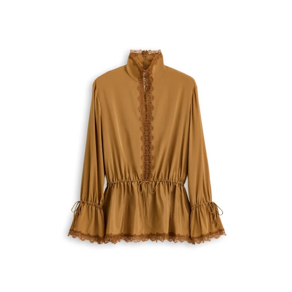 Lace Trim Silk Blouse