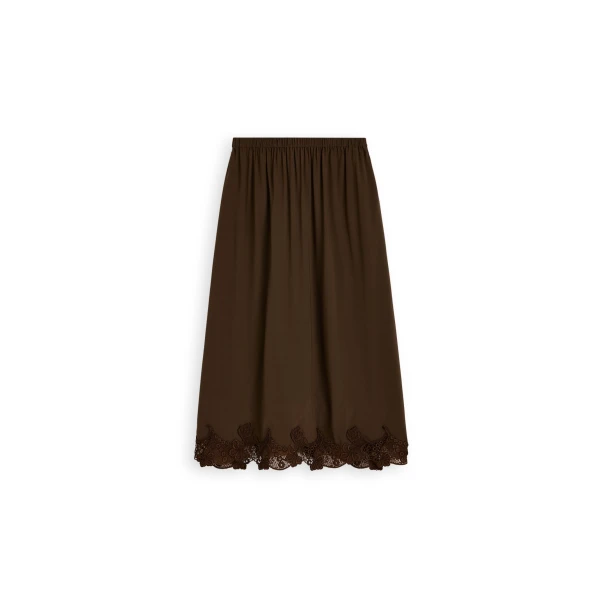 Lace Trim Silk Skirt in Dark Chocolate