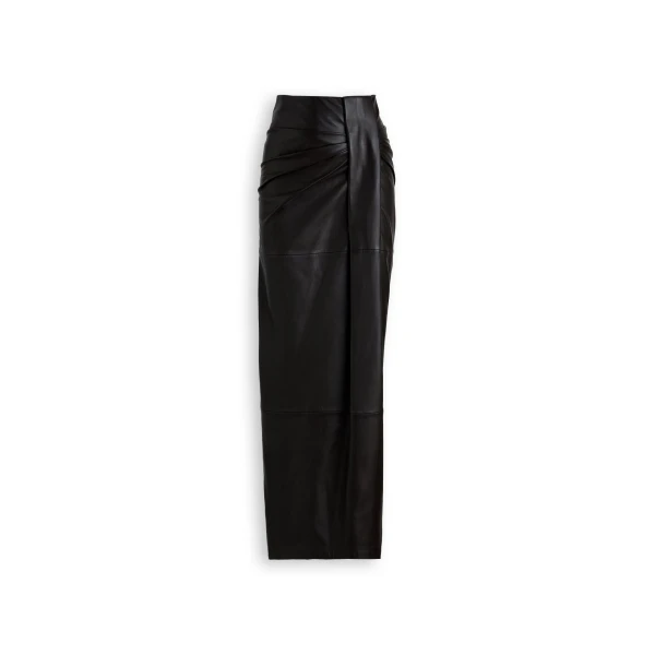 Leather Draped Long Skirt in Dark Chocolate
