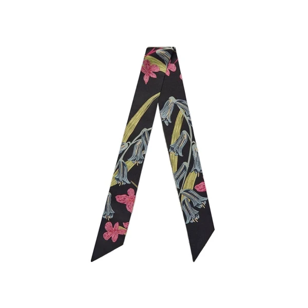 Silk Skinny Scarf in Black, Blue and Pink Bluebell Floral