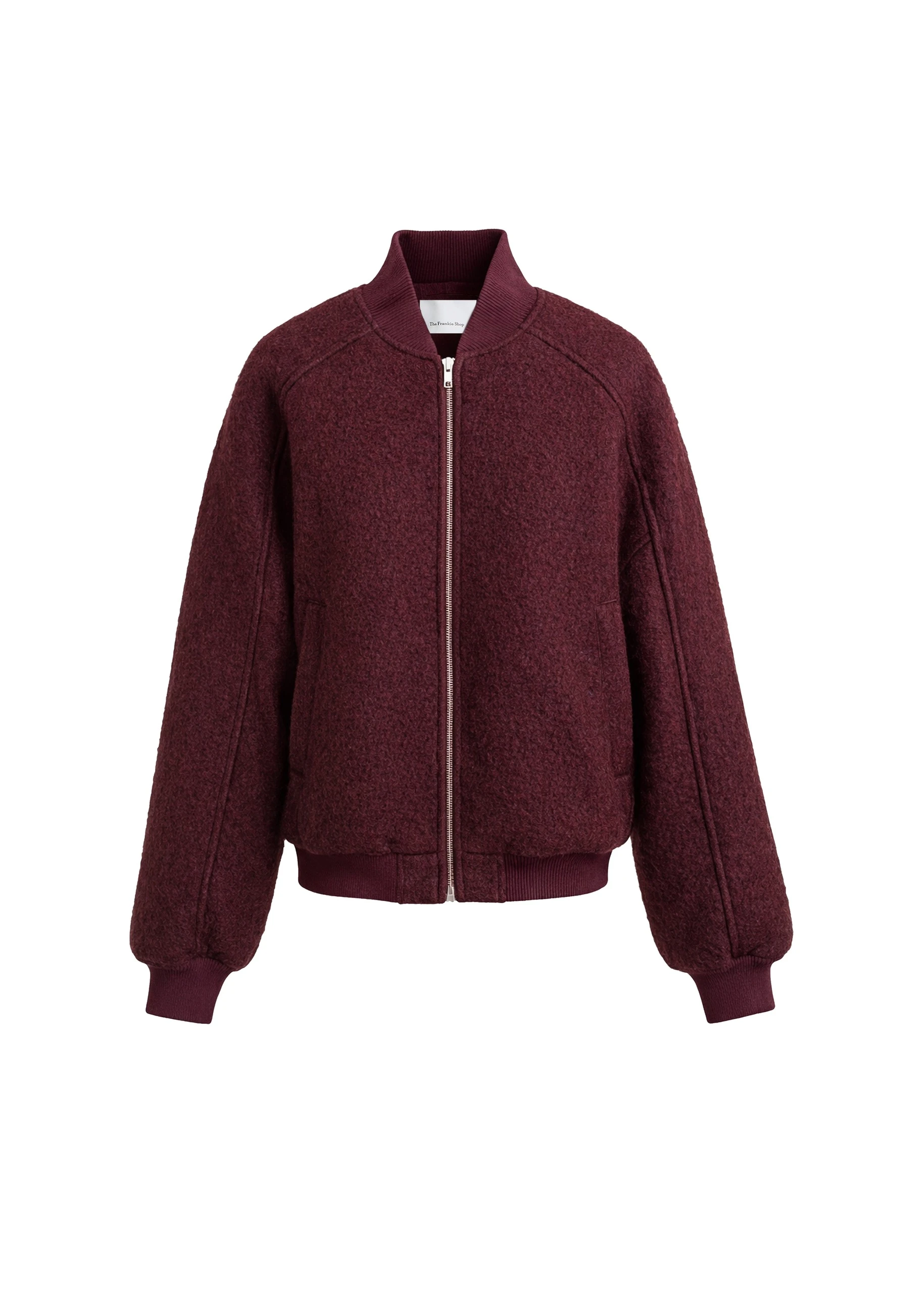 Elinor Boucle Oversized Bomber Jacket in Burgundy by The Frankie Shop – Jackets The Frankie Shop Elinor Boucle Oversized Bomber Jacket