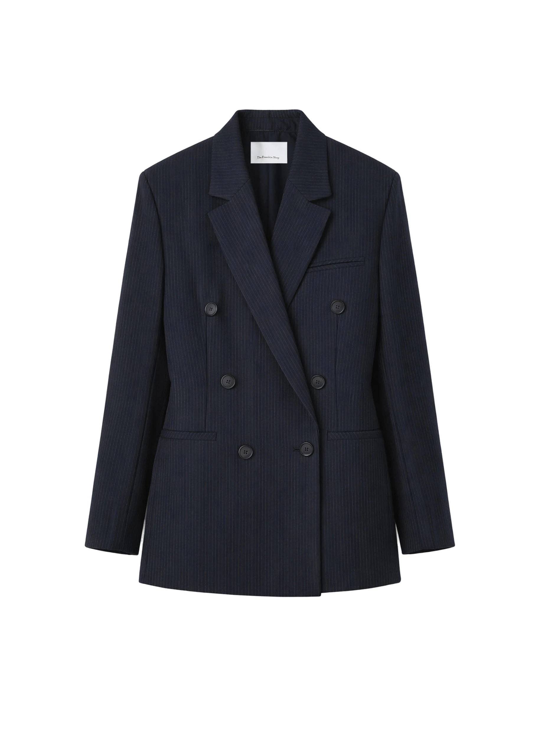 Jade Double-Breasted Blazer in Black and White Pinstripe by The Frankie Shop – Jackets The Frankie Shop Jade Double-Breasted Blazer