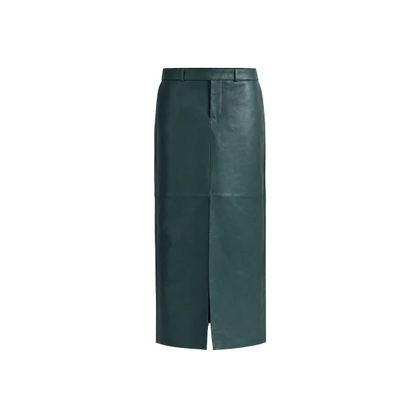 Maybelle Leather Front Slit Pencil Skirt in Bottle Green