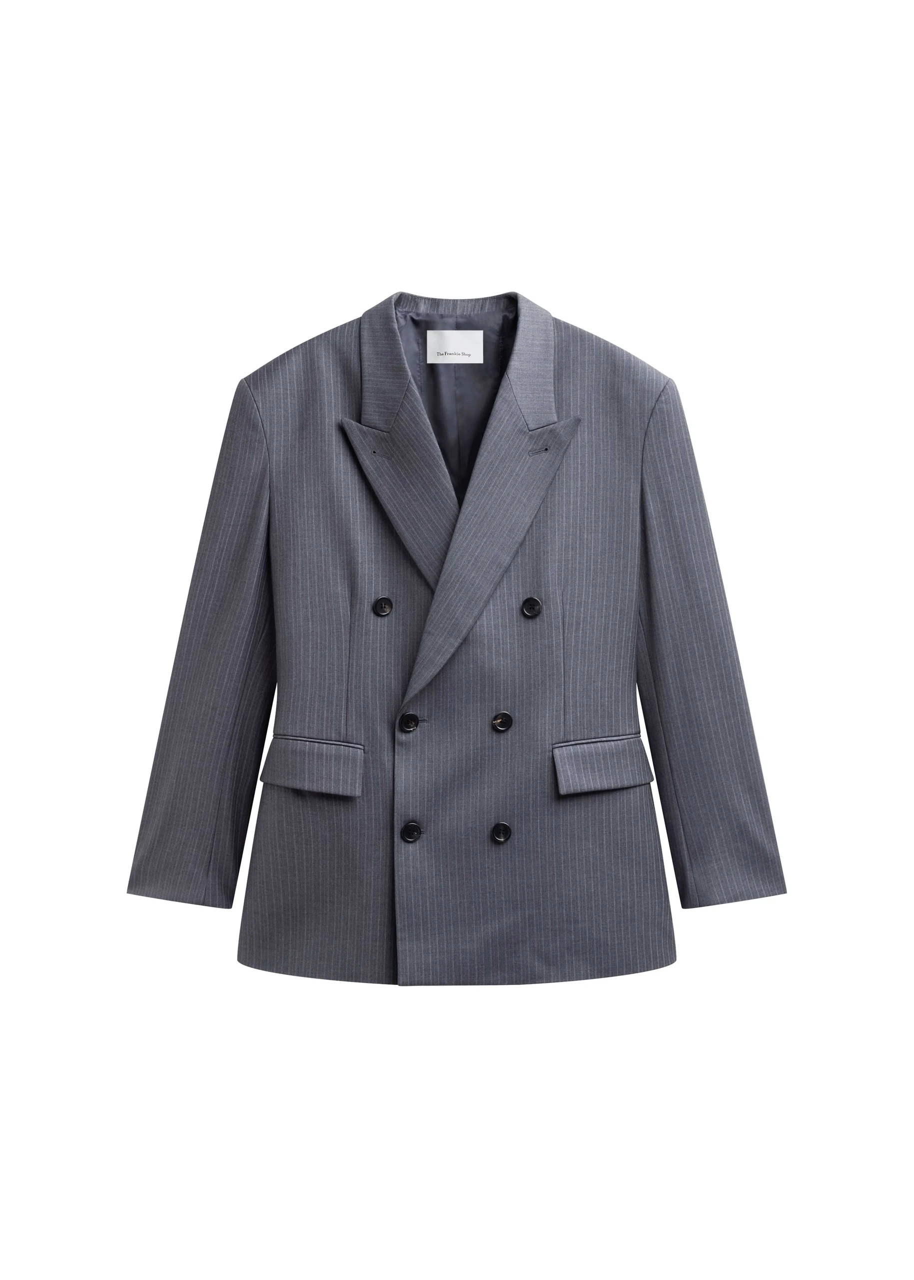Mayfair Double Breasted Blazer in Grey and White Pinstripe by The Frankie Shop – Jackets The Frankie Shop Mayfair Double Breasted Blazer