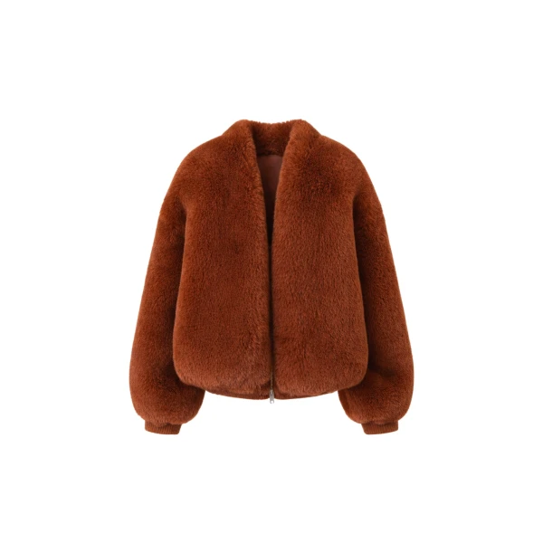 Senna Faux Fur Collarless Jacket in Bronze