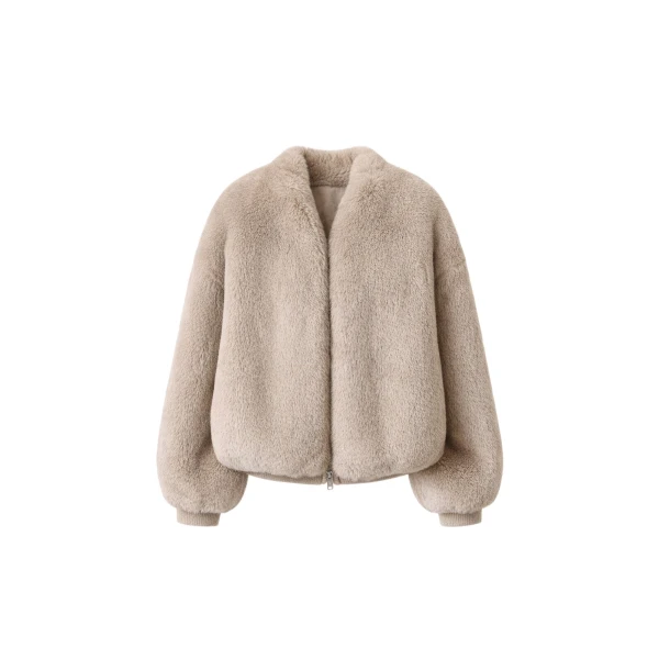 Senna Faux Fur Collarless Jacket in Light Taupe