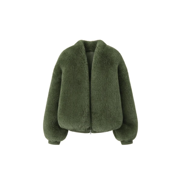 Senna Faux Fur Collarless Jacket in Moss Green