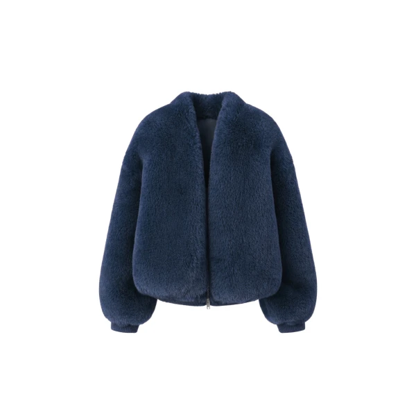 Senna Faux Fur Collarless Jacket in Navy