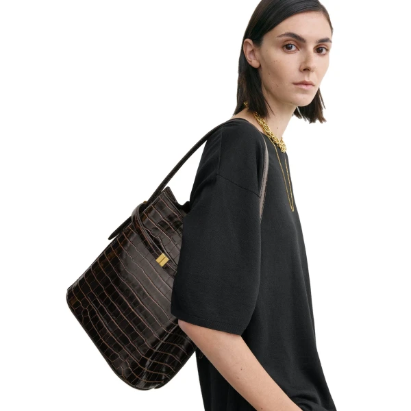 Belted croco-embossed bucket bag in Dark brown - Image 2