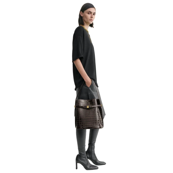 Belted croco-embossed bucket bag in Dark brown - Image 3