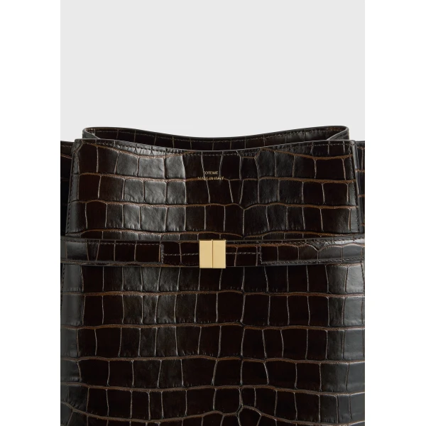 Belted croco-embossed bucket bag in Dark brown - Image 4