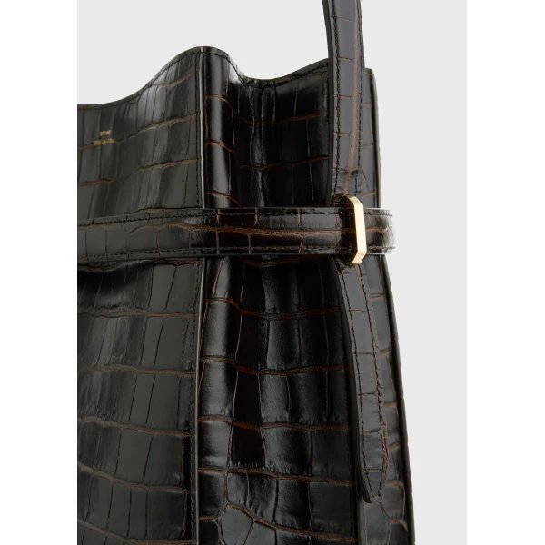 Belted croco-embossed bucket bag in Dark brown - Image 5