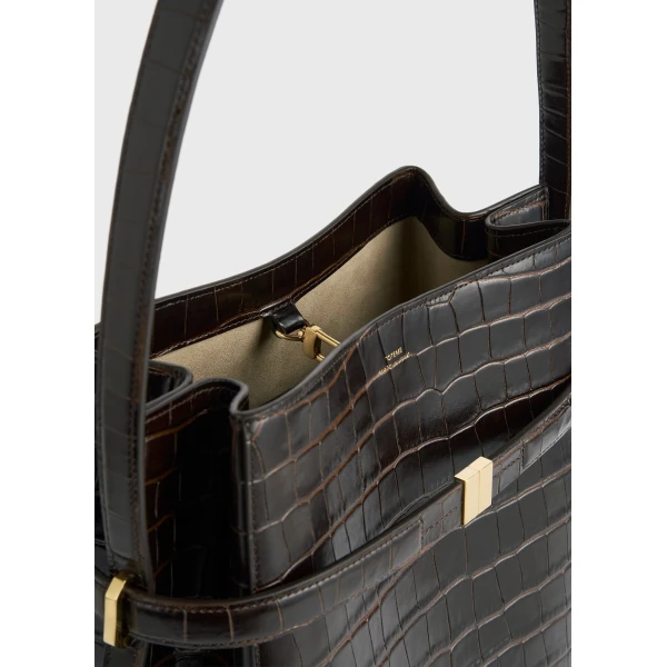 Belted croco-embossed bucket bag in Dark brown - Image 6